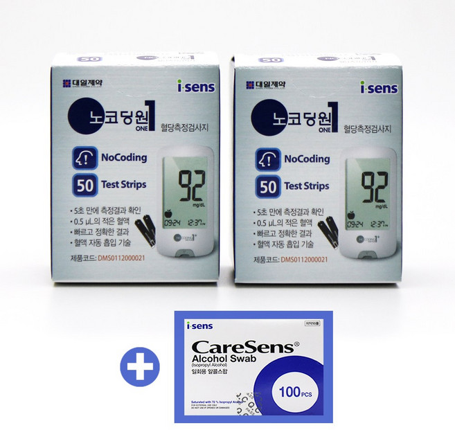 아이센스 노코딩원 혈당 측정 당뇨 검사지 100매 + 알콜솜 100개, 1세트, 1개, 100개입