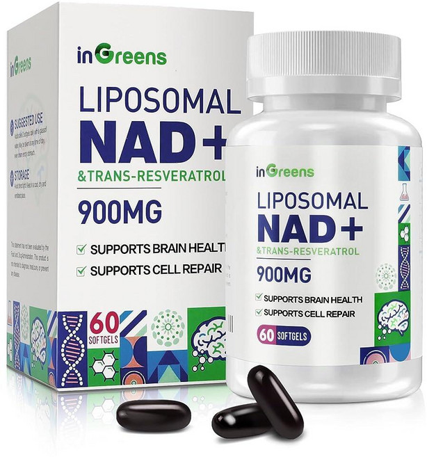 InGreens 900mg 리포솜 NAD+ 보충제 300mg 트랜스 레스베라트롤 포함 - 우수한 흡수 NMN 대체 DNA 복구 에너지 및 수명을 위한 NAD+ 향상 노화, InGreens 900mg 리포솜 NAD+ 보충제 30