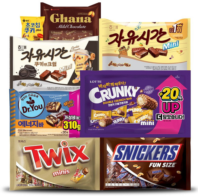 가나 마일드+자유시간 미니+쿠키앤크림+크런키 더블크런치바 미니+에너지바 미니+스니커즈+트윅스 미니 외 (+) 대용량 개별포장 미니 초콜릿 초코바 세트, 1세트, 7p