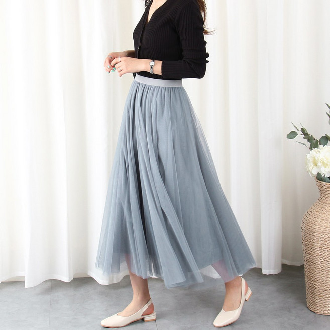 [숏/롱 S~3XL]여성 플레어 망사치마 빅사이즈 밴딩치마 지젤 샤스커트