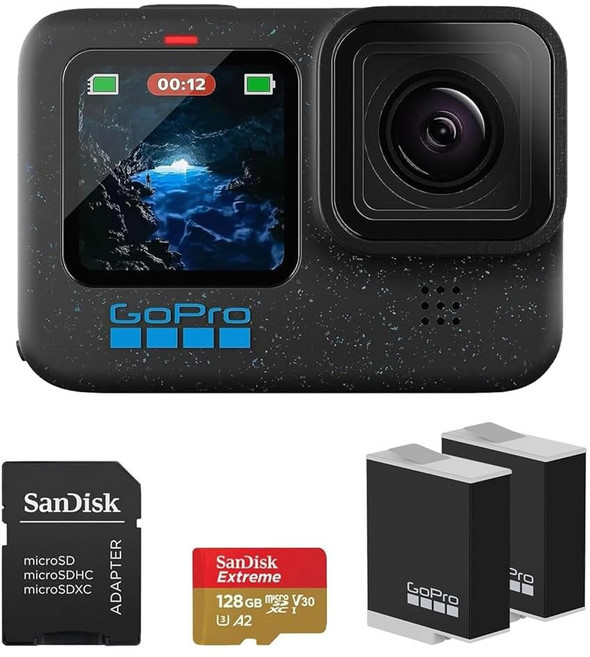 GoPro HERO12 Black 4K 카메라HyperSmooth 안정화 기능 방수 및 초견고 디자인 추가 Enduro 충전식 리튬 이온 배터리 SanDisk 128GB E, GoPro 고프로 HERO12 블랙 4K 카메라 하이퍼