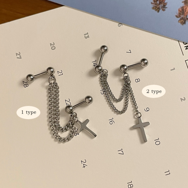 써지컬스틸 십자가 드롭 투핀 체인 피어싱 (2type)