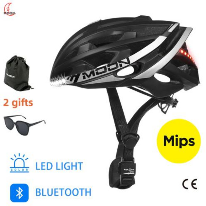 스마트 블루투스 자전거헬멧 로드 MTB LED 전조등 후미등 경고등 헬멧 선글라스 가방 포함, 3)Black add MIPS