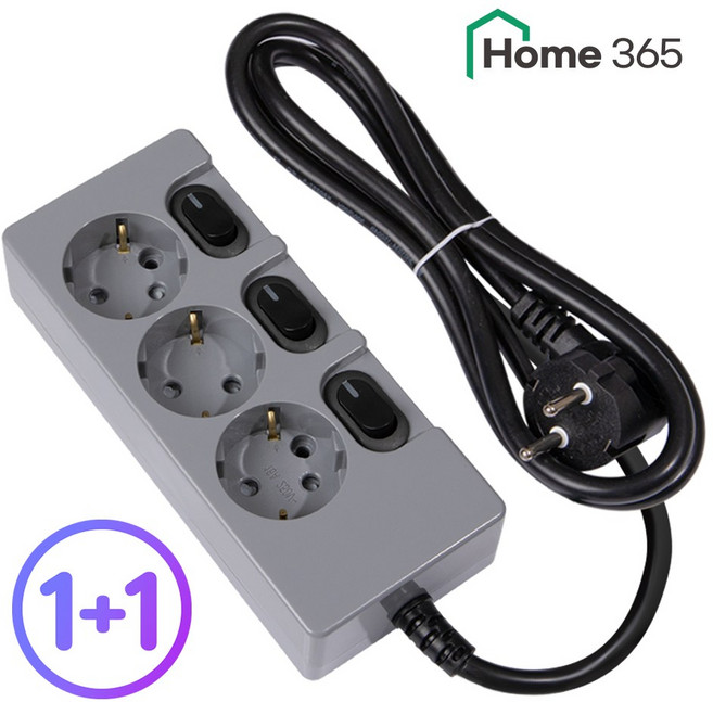 1+1 홈365 국산 개별멀티탭 3구 멀티탭 0.7m 1.5m 3m 5m 7m 10m / 16A 멀티콘센트, 개별스위치 3구 그레이, 2개