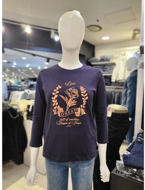 뱅뱅 봄 여성 플라워 프린트 7부소매 티셔츠