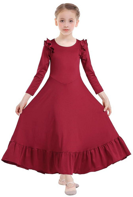 Z&X Girls Long Sleeve Praise Dance Dress Full Length Wide Swing Lyrical Dancewear Liturgical Worsh