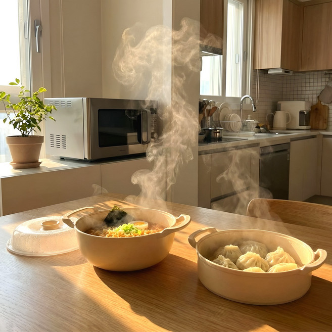 국내생산 이로홈 중형 전자레인지 찜기 듀얼 핸들 라면용기 스팀찜기 간편조리 계란찜 만두 동시조리가능, 1개, 아이보리