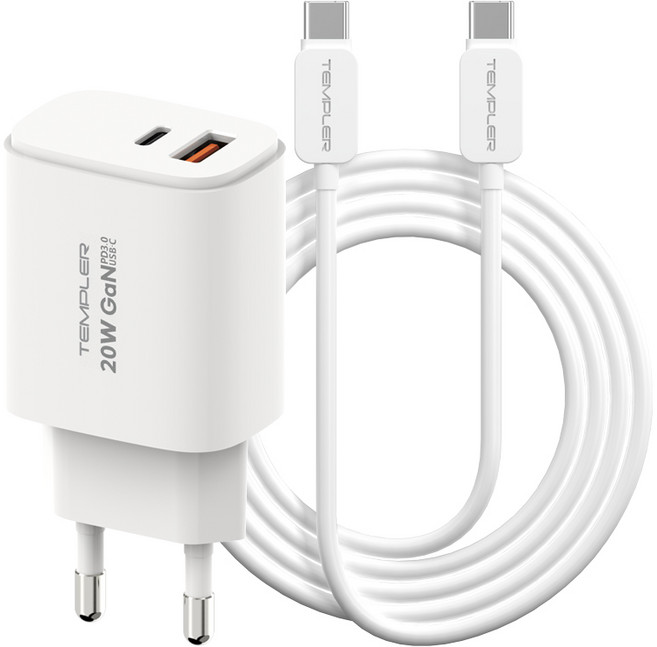 템플러 20W 2포트 C타입 PD 고속충전기 + 25W 1M CtoC 케이블 세트, 1세트, 화이트