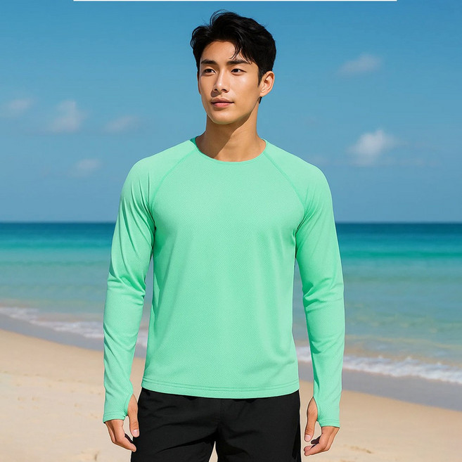 바닐라마카롱 나그랑 베이직 긴팔 래쉬가드 남녀공용 기본핏 슬림 남성 여성 티셔츠 상의 수영복 휴양지 물놀이 비치웨어 바캉스룩, R98675O, XXL, 민트