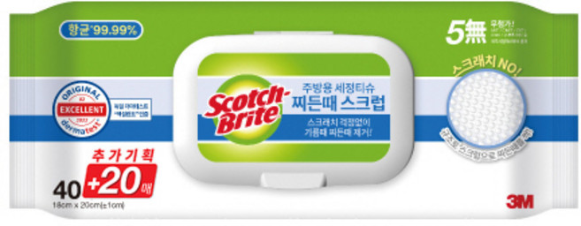 3M 주방용 세정티슈 기름때 찌든때스크럽 40+20매, 6개