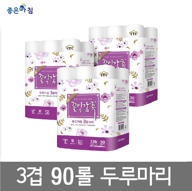 I좋은아침I 100%천연펄프 3겹 데코 자연쓰임 30롤 x 3개 (90롤), 90개, 1롤, 27m