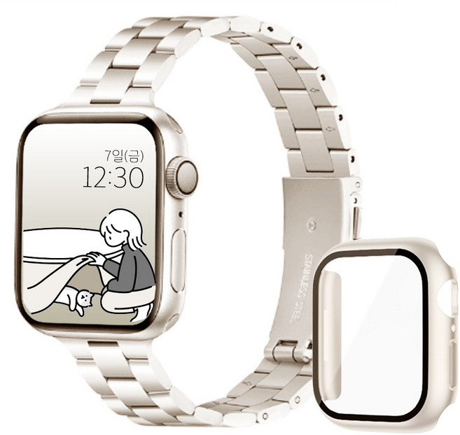 아이비온 애플워치 슬림 메탈 스트랩 40 44 + 풀커버 케이스 세트, 스타라이트