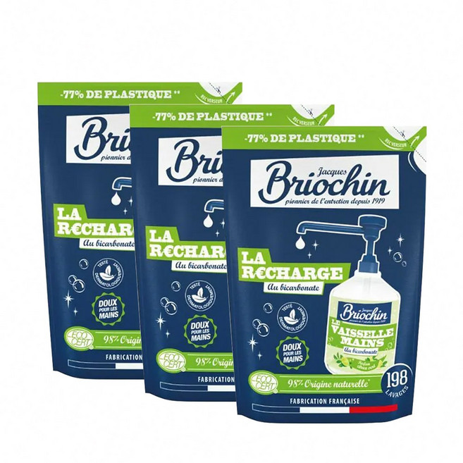 Jacques Briochin 藍牌碧歐馨 護手洗碗精 清潔液 450ml, 1個, 檸檬小蘇打補充包 3入組
