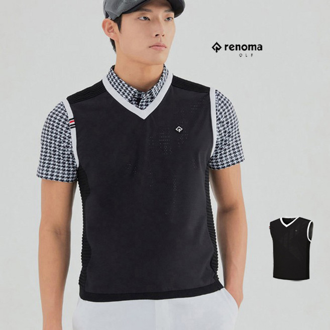 레노마골프 NC야탑점 남성 우븐 하이브리드 빅로고 펀칭 V넥 니트 베스트 RMSVL2251-199