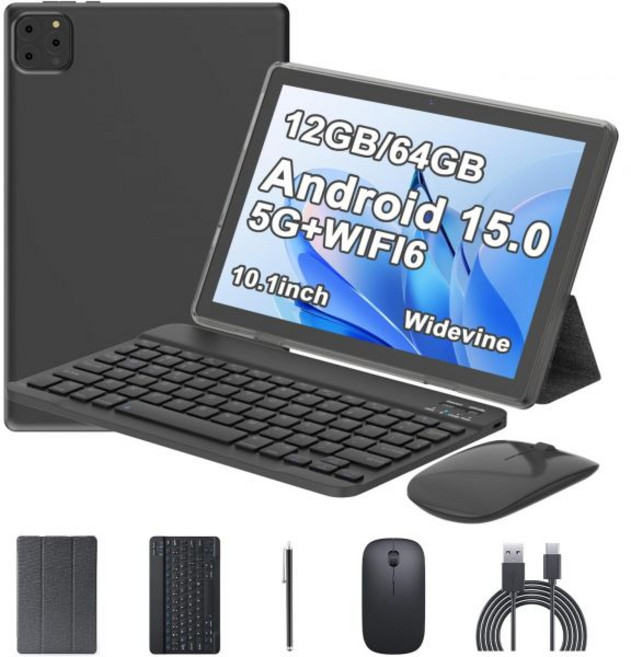 11인치 안드로이드 태블릿 PC 18GB(6+12) RAM + 64GB ROM 키보드 케이스 마우스 스타일러스 포함 태블릿 2개 2.0GHz 옥타코어 프로세서 1280, Black
