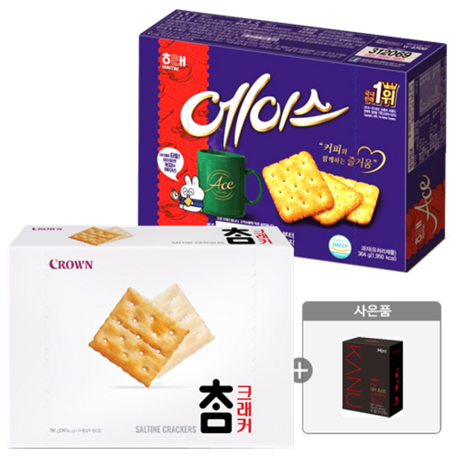 해태 크라운 대용량비스켓 2개+카누미니10T[다크 마일드 라이트 중 랜덤 1개증정] [에이스364g 참크래커280], 364g, 1개