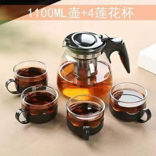 1100ML 4杯 304過濾耐高溫玻璃茶壺茶具套裝, 1個, 2000ml套裝茶壺4衹托盃