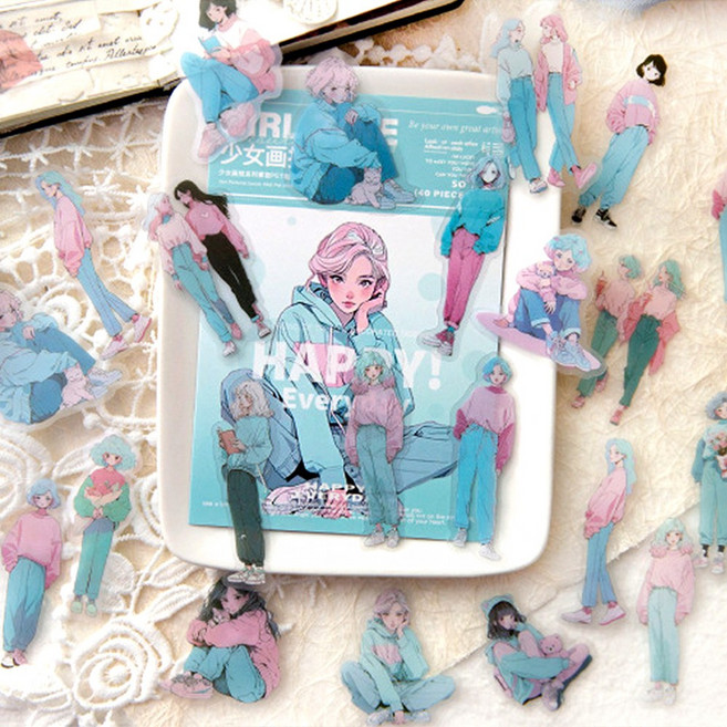 레더스 감성 소녀 다꾸 스티커 세트 다이어리꾸미기 인물 PET 데코 테이프, 핑크걸AW03 40매