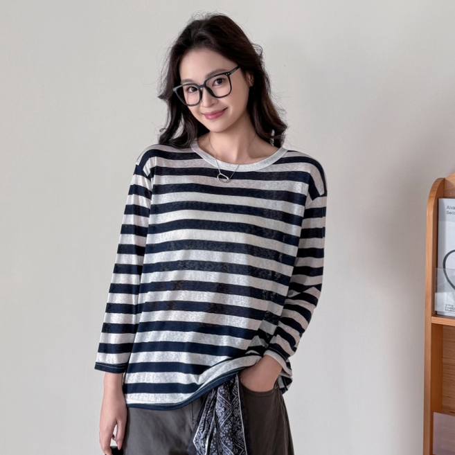 무니유유 텐셀원단 스트라이프 UV차단 냉감 아이스 쿨 시스루 루즈핏 긴팔 티셔츠