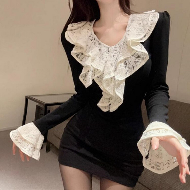 아이엠몽 여성 레이스 프릴 퍼프 어깨 슬림 티셔츠
