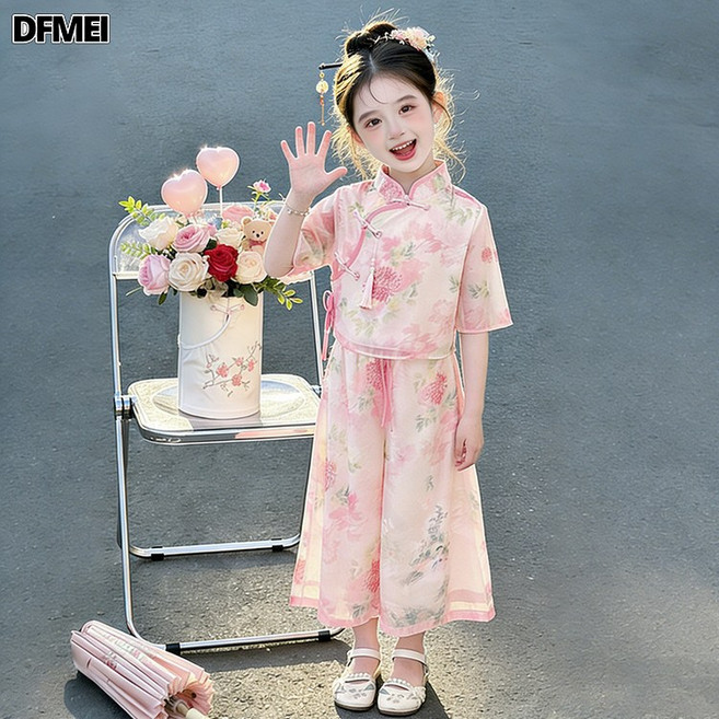 DFMEI 漢服套裝夏季復古旗袍兩件套兒童古裝連衣裙女童唐裝