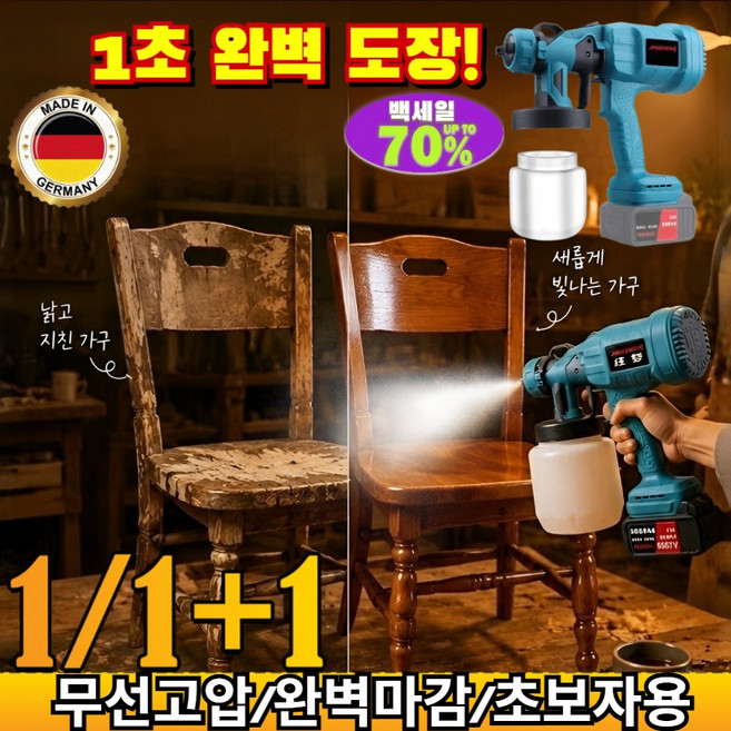 1/1+1 고출력 리튬 배터리 고분무 스프레이 건 뭉침없는 완벽 도장 무선 전동 페인트건 충전식 도색 분무기 /페인트건/무선스프레이건, [1](1개)유럽 표준