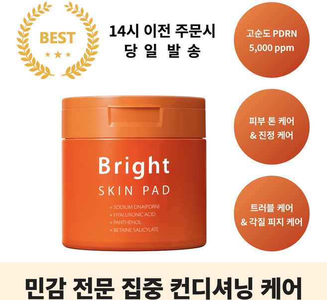 브라이트 스킨패드 [Real PDRN 5 000ppm피부결 닦토 화잘먹 패드] 60매, 1개, 60매입
