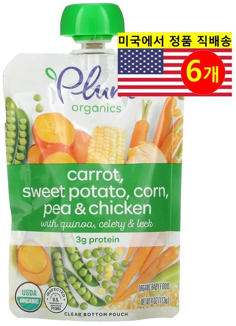 Plum Organics 6개월 이상 유아용 오가닉 과일 채소 곡물 퓨레 이유식 113g 6개, 6개 - 쿠팡