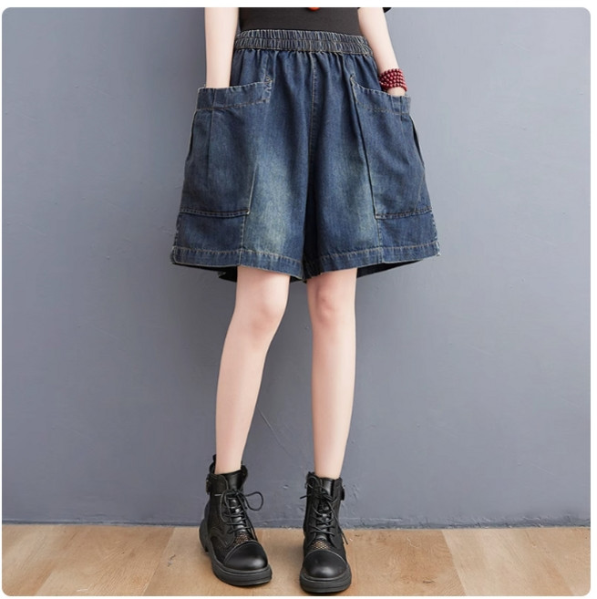 女士牛仔短褲 鬆緊腰圍 寬鬆休閒風格