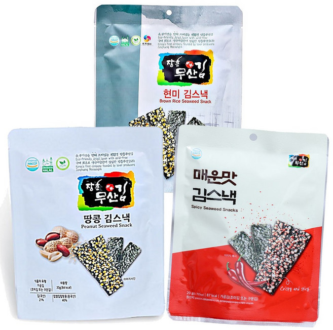 장흥무산김 김스낵 현미 땅콩 매운맛 5봉 과자 안주 간식, 20g, 5개, 땅콩 김스낵