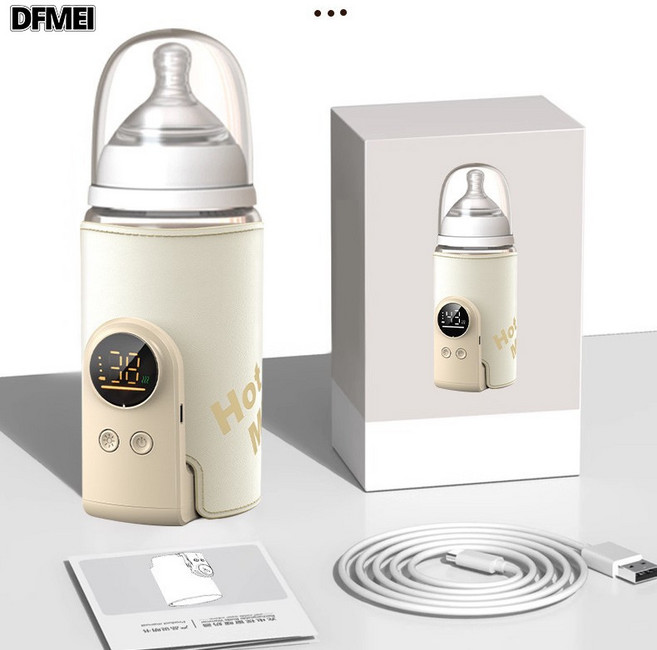 DFMEI 智能無線蓄電款奶瓶保溫套恆溫加熱便攜嬰兒母乳保溫戶外, 1個, 1L, 米白色:【6000mAh】蓄電款+Typec線