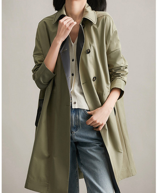 【韓系慵懶風】風衣 女裝 外套 春秋外套 中長款風衣 韓版風衣 垂感面料 雙排扣設計 通勤約會穿搭 2026早春新款