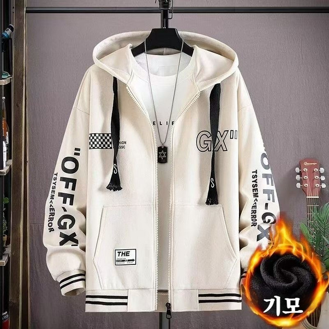 AREVI 가을 겨울 남성 루즈핏 캐주얼 빅사이즈 레터링 기모 도톰 후드집업