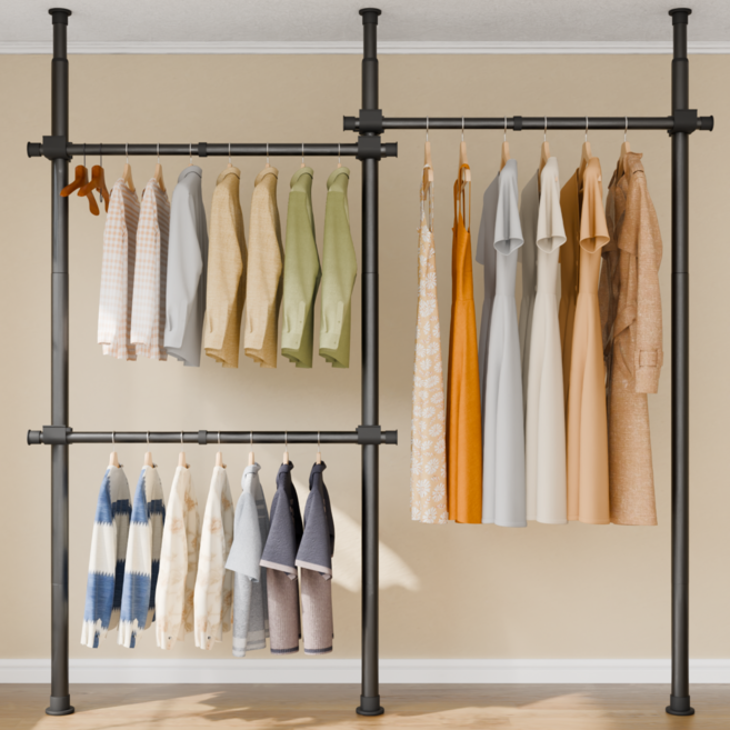 [국내브랜드]라온리빙 철제 조립식 시스템 행거 3단 32/38파이(mm), 블랙_3단