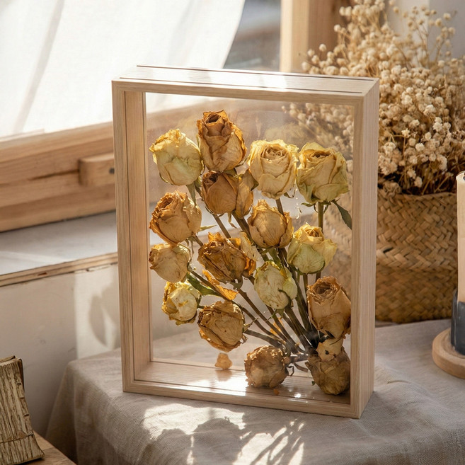 푸뚜로 부케말리기 부케액자 선물 투명 드라이플라워 말린꽃보관 원목 액자, 1개, 내추럴