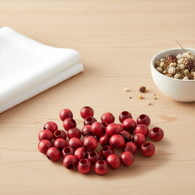 [10mm 구멍 대]국산 나무구슬 DIY 공예 재료 팔찌 목걸이 만들기 우드 비즈 80개입, 1세트, 나무구슬(구멍)-대10mm 레드(80개)