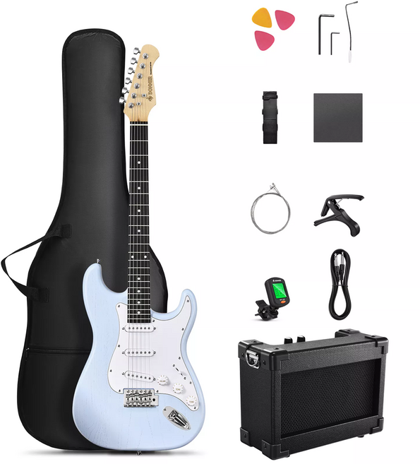 도너릴 Donner DST-80 일렉기타 세트 솔리드 바디 우드 그레인 SSS 3단 싱글 코일 픽업 앰프+악세서리 입문용, 소닉 블루, 1개