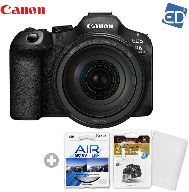 [캐논 정품] EOS R6 Mark III/R6M3+RF 24-105mm F4 L IS USM KIT +켄코필터+액정필름+포켓융 /ED, 단일옵션