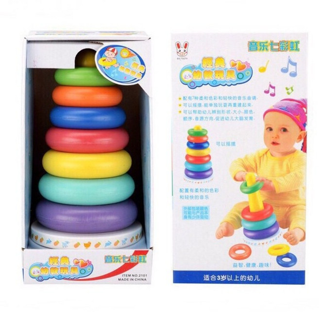 兒童彩虹套圈圈玩具：七彩套塔 層層疊樂 激發寶寶色彩認知與手眼協調, 1個, 不倒翁彩虹套圈（展示盒）有鈴鐺聲