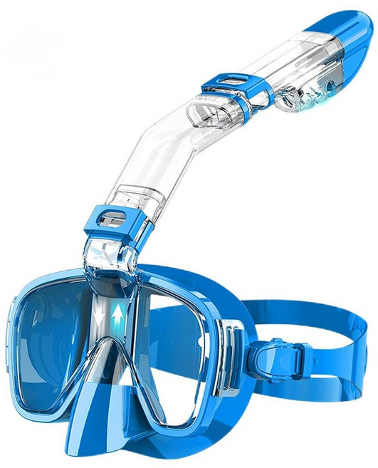 스노클 마스크 드라이 탑 시스템 및 카메라 마운트 안개 방지 전문 스노클링 장비가 있는 접이식 다이빙 마스크 세트, L과 블루
