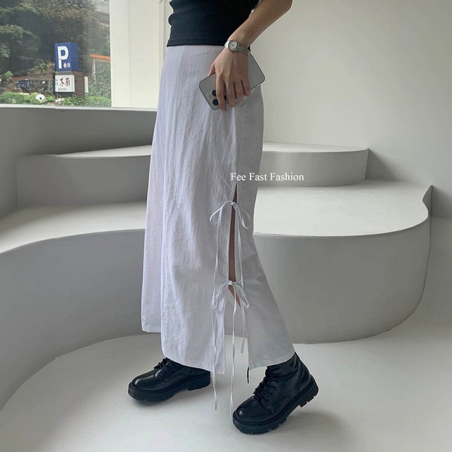 Fee 側綁帶尼龍長裙 後鬆緊側開叉 素色窄裙 韓系女裝