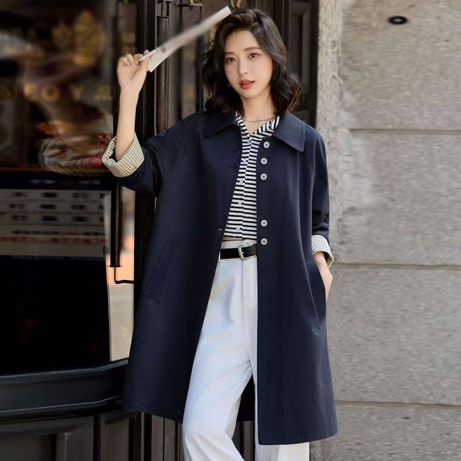 AOKADA 여성 봄 가을 루즈핏 카라넥 A라인 롤업 체크소매 A라인 하프 코트 아우터