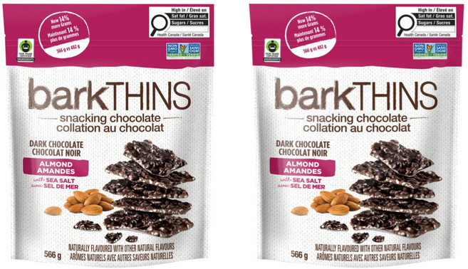 Barkthins 다크 초콜릿 아몬드 씨솔트 프리미엄 다크초콜릿 스낵 건강한 간식 초콜릿바 캐나다 대용량, 566g, 2개