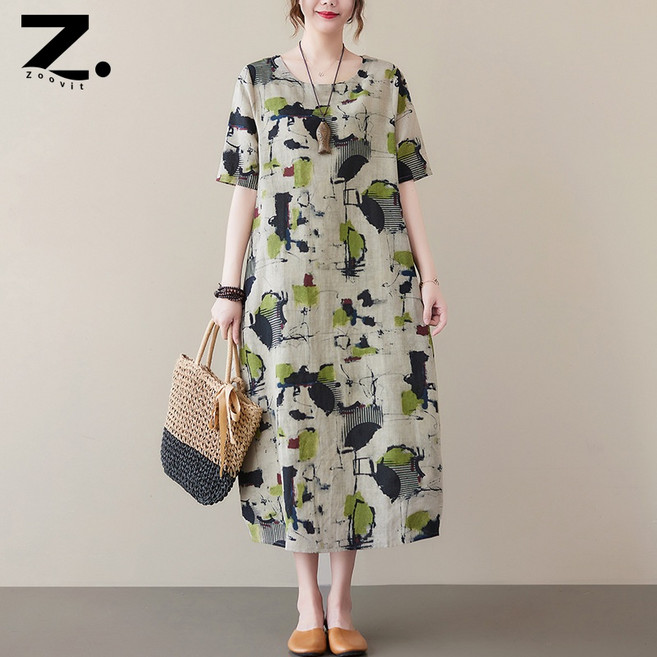 zoovit 여름 엄마 문예 루즈핏 면 마 프린트 라운드 반팔 롱원피스