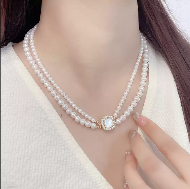 모조진주 목걸이 여성 2줄 레이어드 클래식 빈티지 니트 데일리 고급 패션 주얼리TENZHEN