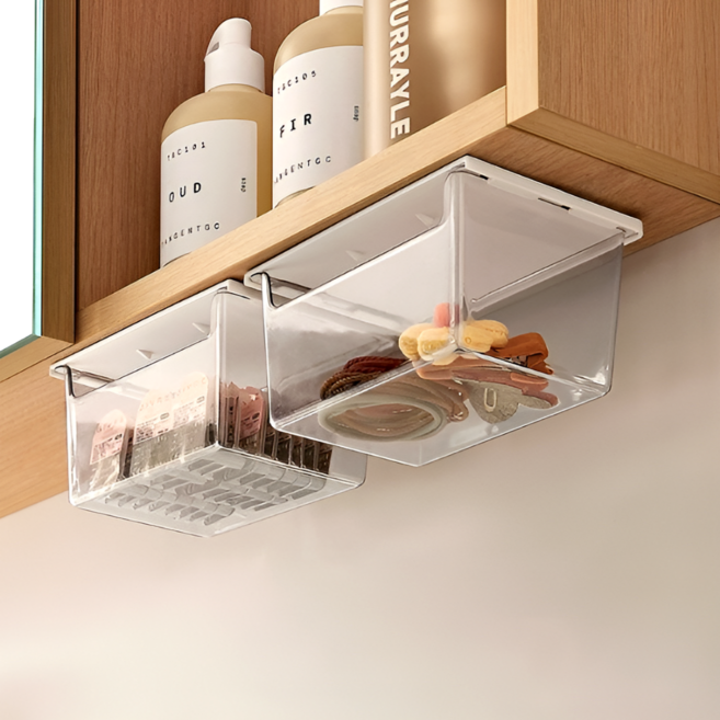 아즈몰 무타공 부착식 하단 슬라이딩 수납함 2PCS 화장대 욕실 주방 다용도 선반, 화이트, 2개