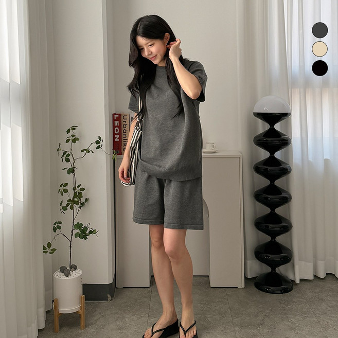 디테일웨어 여성 벨 니트 반팔 반바지 세트 캐주얼 투피스 시원한 여름원단 4부 밴딩팬츠 임부복 빅사이즈 데일리룩