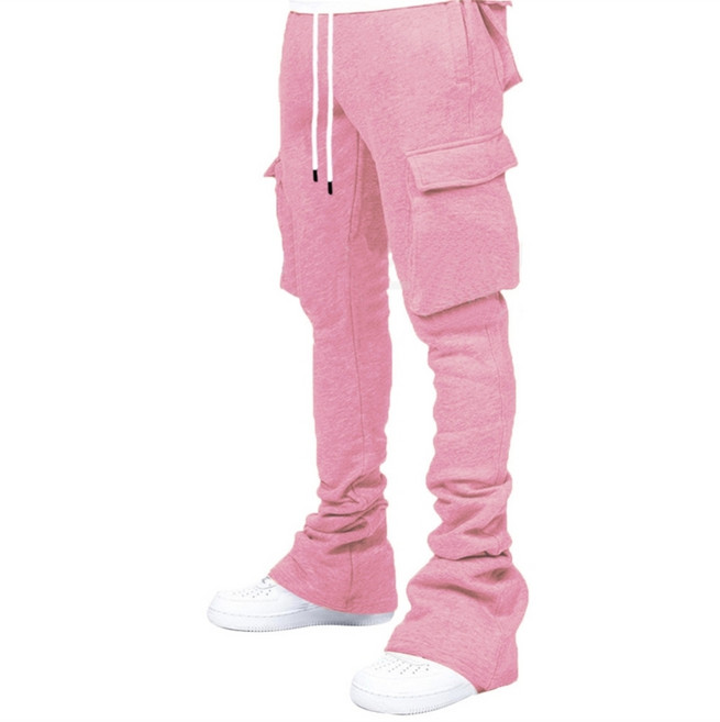 남성 드로우 스트링 허리화물 바지 플레어 밑단 더미 쌓인 쌓인 바지 힙합 멀티 포켓 조깅하는 스웨트 팬츠 스트리트웨어, 분홍색, L