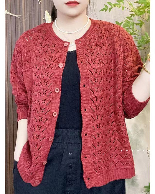 중장년 여성 가디건 빅사이즈 여름 여자 펀칭 니트 가디건 봄 가을 중년 엄마옷 니트 카디건 LZH