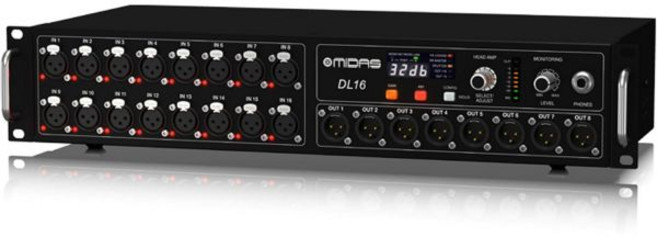 Midas DL16 16 입력 8 출력 스테이지 박스 16개의 마이크 프리앰프 울트라넷 및 ADAT 인터페이스 포함